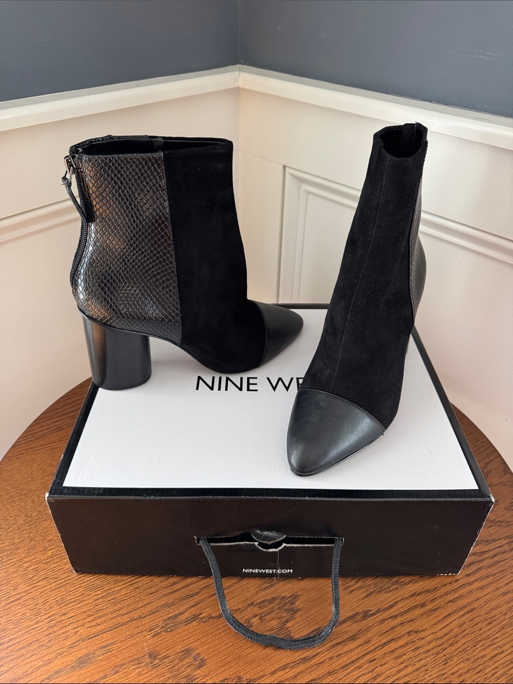 Nine West Black Mixed-Material Cap-Toe Ankle Boots
